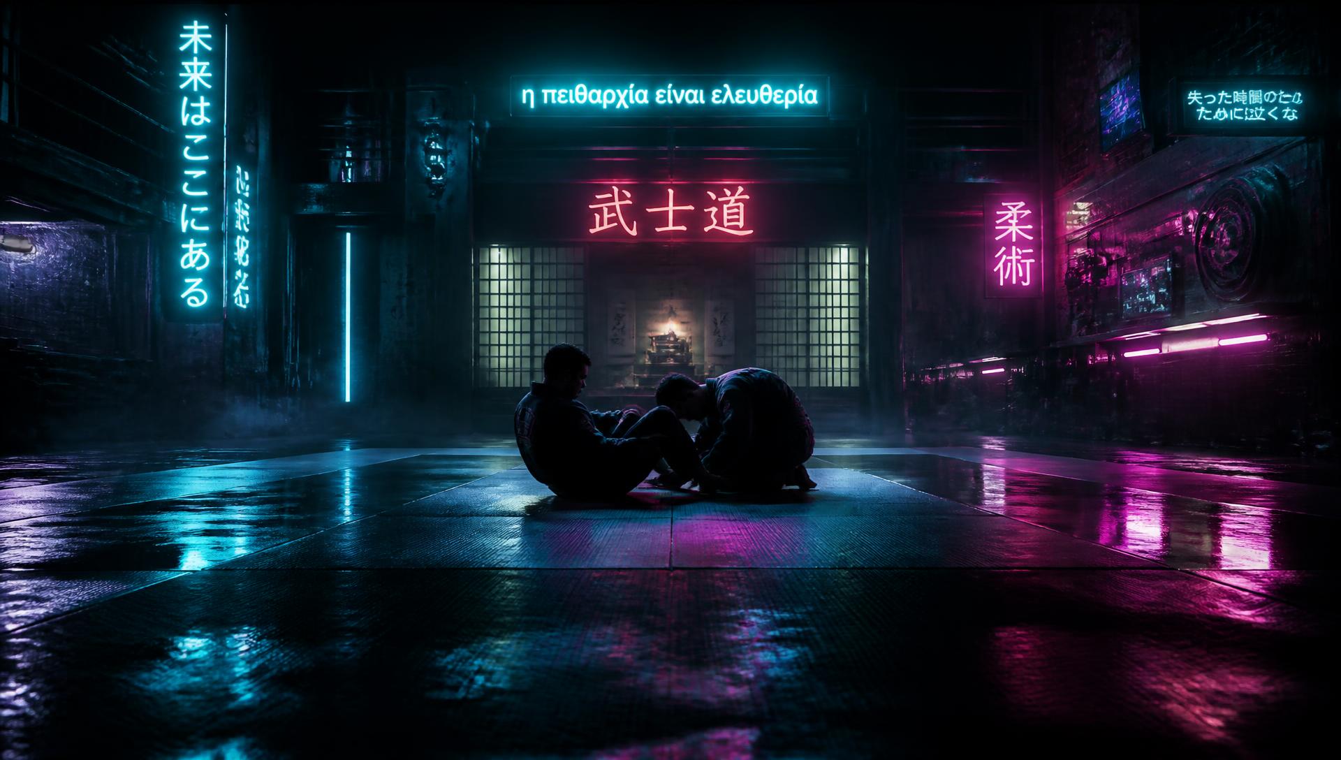 Cyberpunk BJJ dojo with neon lighting